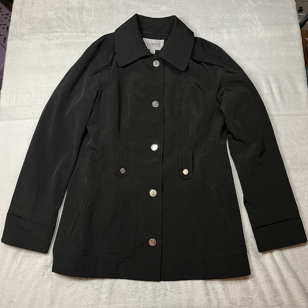 Towne by London Fog Womens S Black Raincoat Snap Front Clean Lines Sophisticated